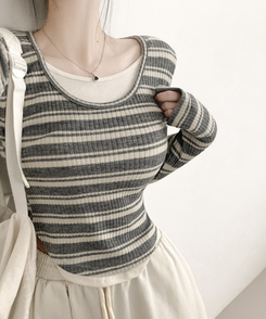 ムードデイリーボーダー長袖Tシャツ GREY