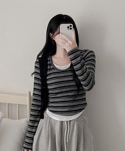 ムードデイリーボーダー長袖Tシャツ BLACK