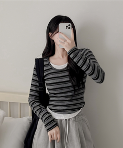 ムードデイリーボーダー長袖Tシャツ BLACK