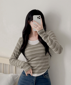 ムードデイリーボーダー長袖Tシャツ KHAKI