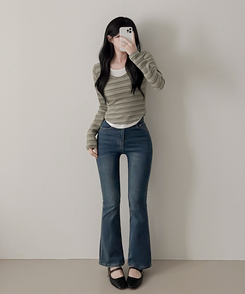 ムードデイリーボーダー長袖Tシャツ KHAKI