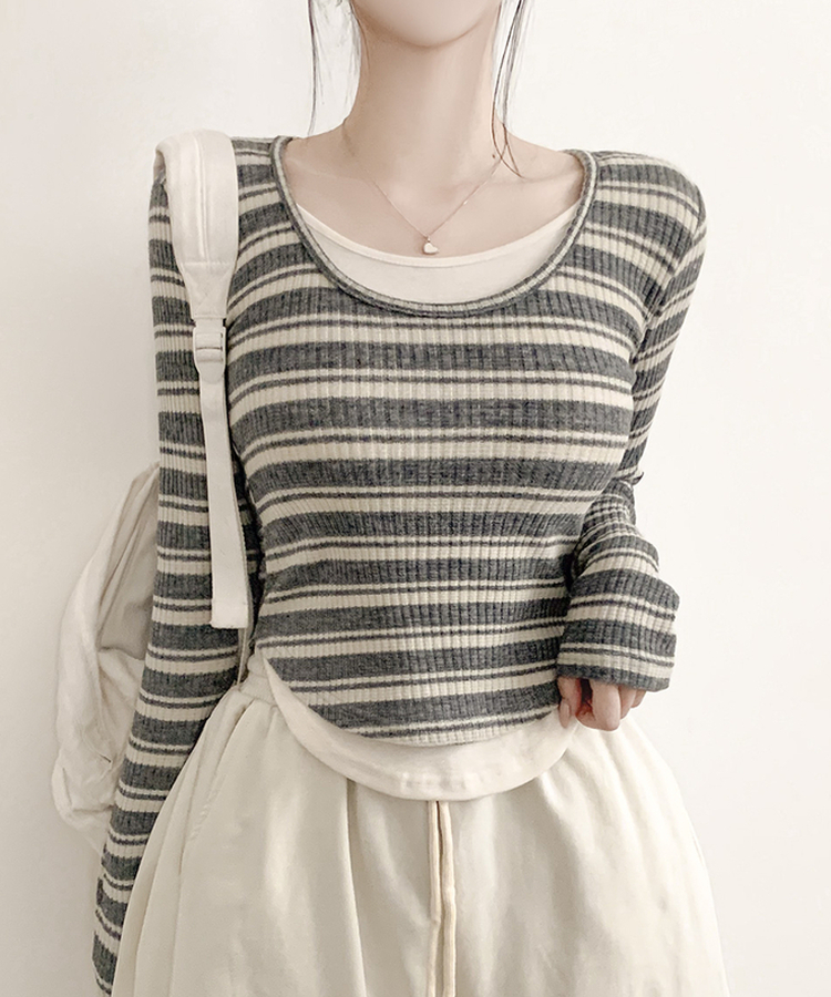 ムードデイリーボーダー長袖Tシャツ GREY