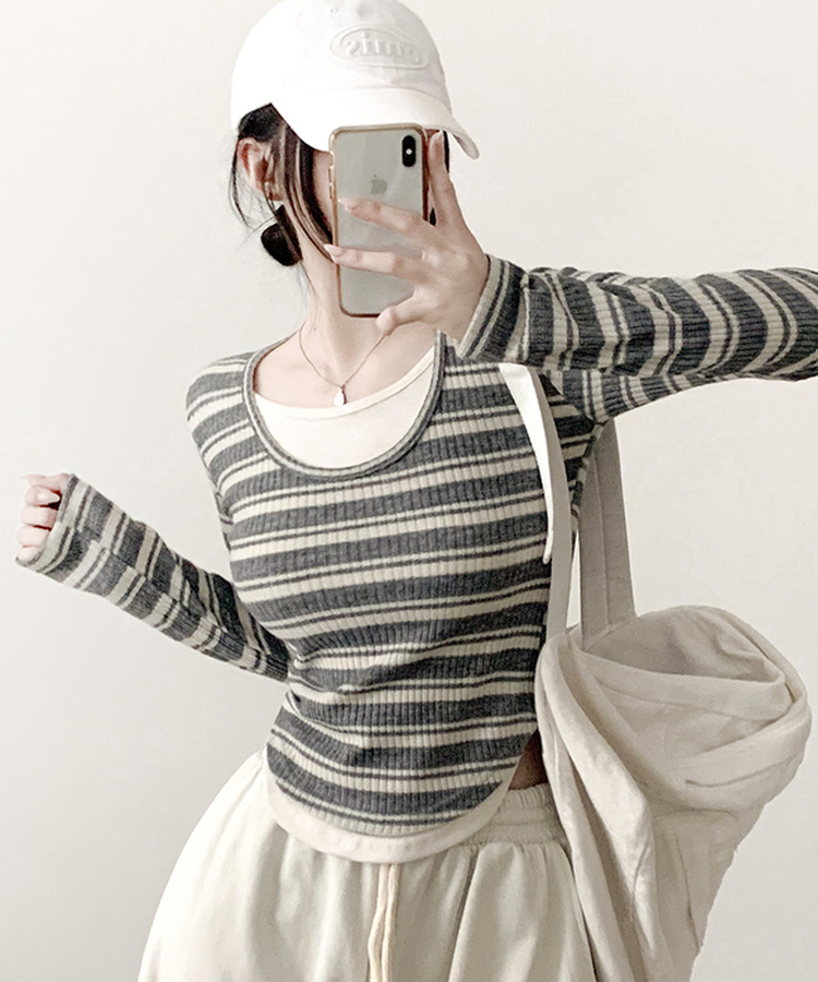 ムードデイリーボーダー長袖Tシャツ GREY