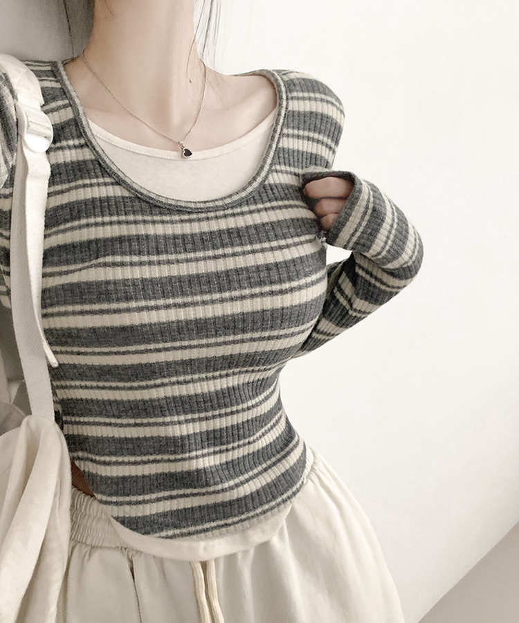 ムードデイリーボーダー長袖Tシャツ GREY