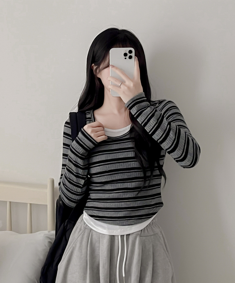 ムードデイリーボーダー長袖Tシャツ BLACK