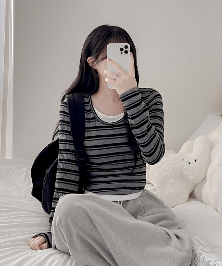 ムードデイリーボーダー長袖Tシャツ BLACK