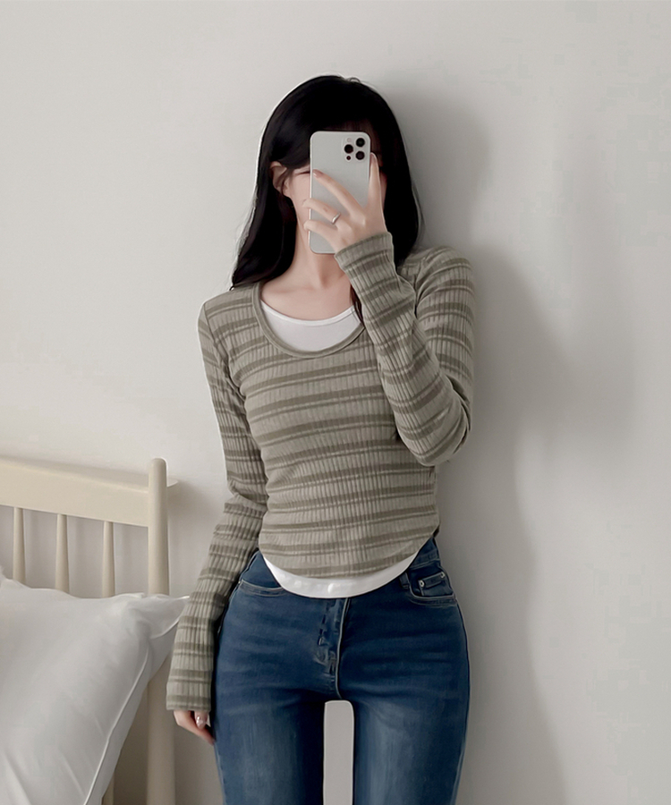 ムードデイリーボーダー長袖Tシャツ KHAKI