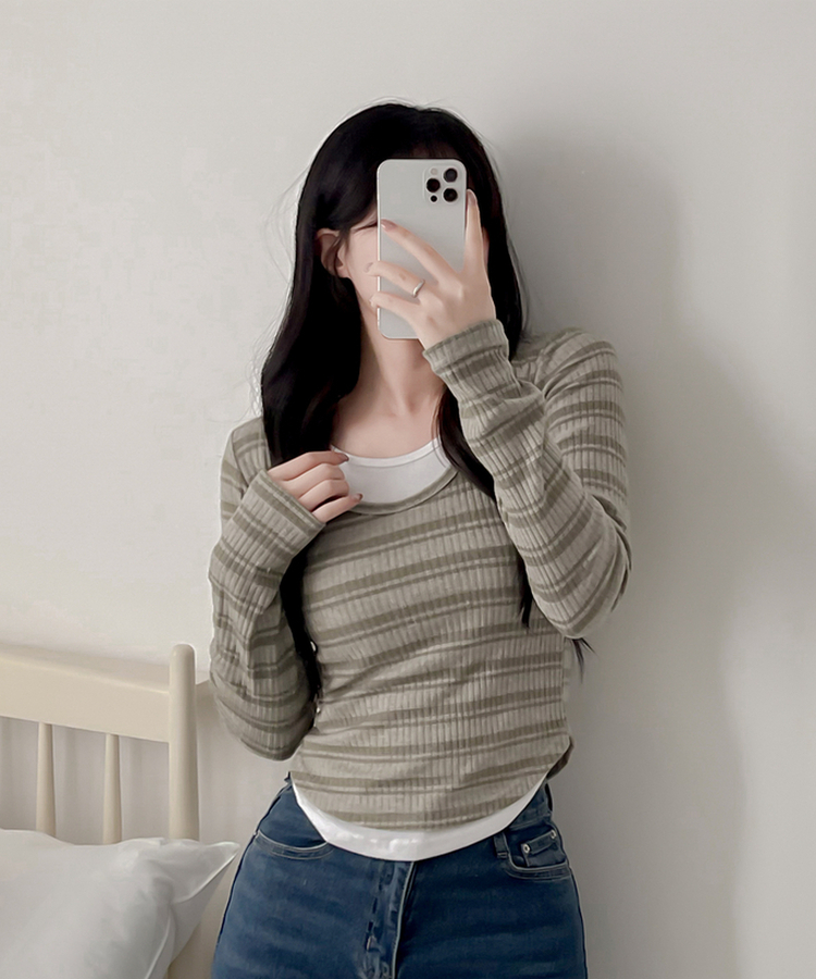 ムードデイリーボーダー長袖Tシャツ KHAKI