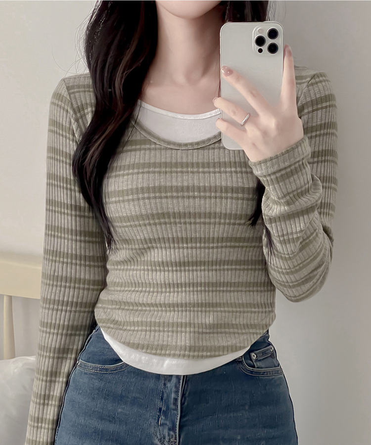 ムードデイリーボーダー長袖Tシャツ KHAKI