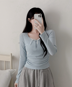 レースインレイヤー長袖Tシャツ(6color) SKY BLUE