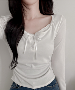 レースインレイヤー長袖Tシャツ(6color) IVORY