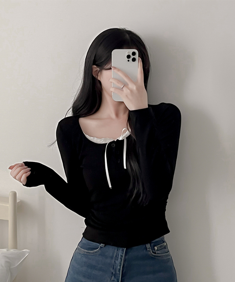 レースインレイヤー長袖Tシャツ(6color) BLACK