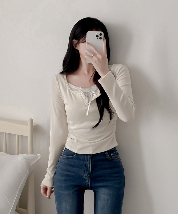 レースインレイヤー長袖Tシャツ(6color) BEIGE