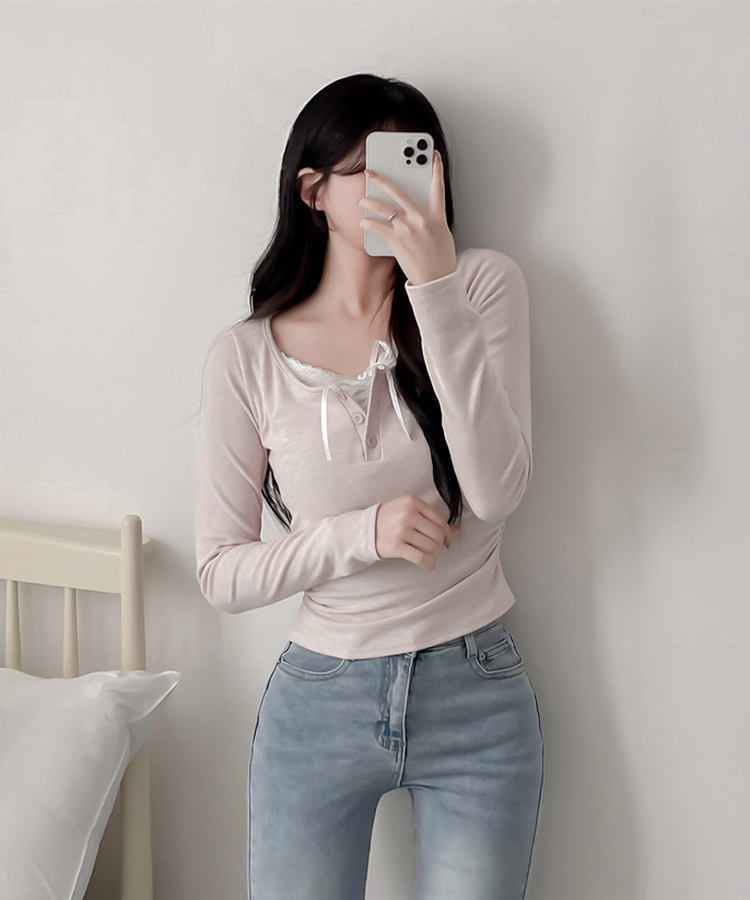 レースインレイヤー長袖Tシャツ(6color) PINK