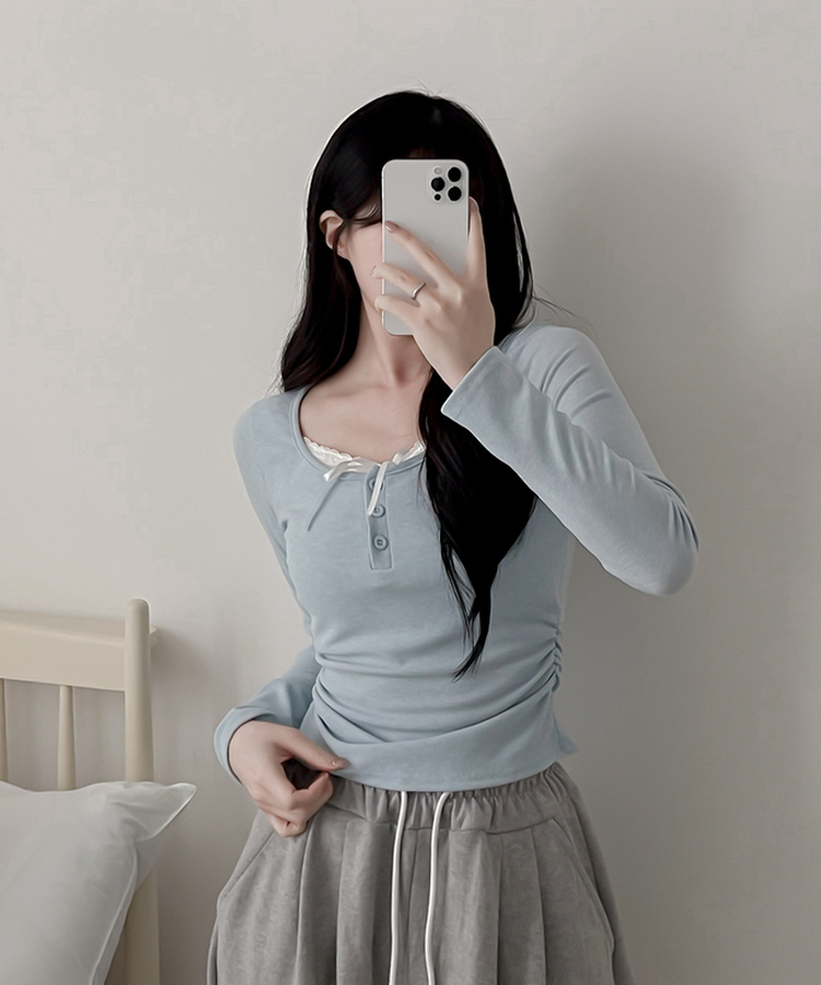 レースインレイヤー長袖Tシャツ(6color) SKY BLUE