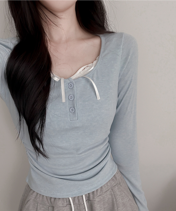 レースインレイヤー長袖Tシャツ(6color) SKY BLUE