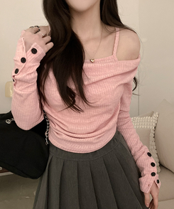 ボタン袖オフキャミソールレイヤードTシャツ PINK