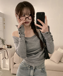 ボタン袖オフキャミソールレイヤードTシャツ GREY