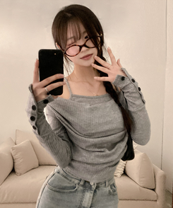 ボタン袖オフキャミソールレイヤードTシャツ GREY