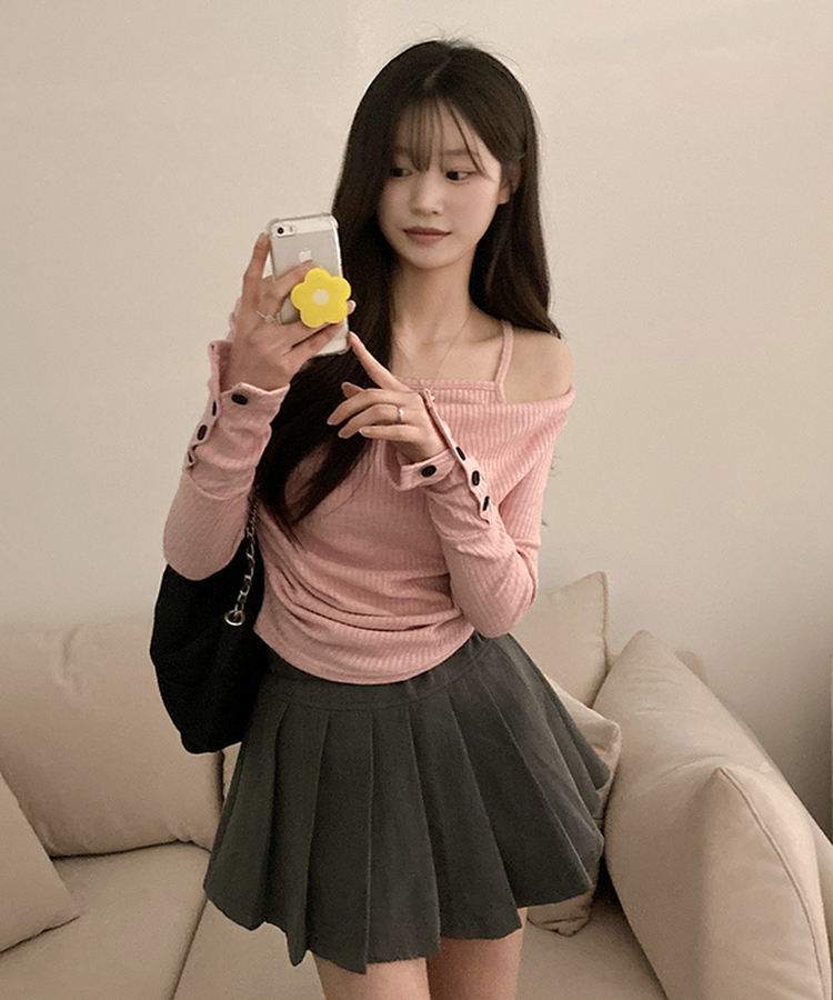 ボタン袖オフキャミソールレイヤードTシャツ PINK