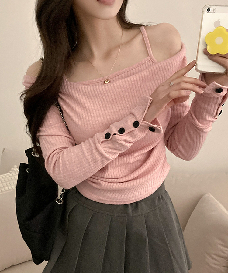 ボタン袖オフキャミソールレイヤードTシャツ PINK