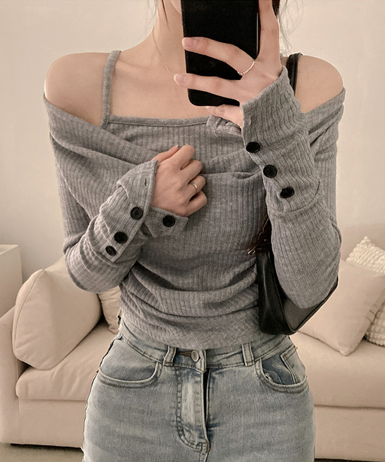 ボタン袖オフキャミソールレイヤードTシャツ GREY