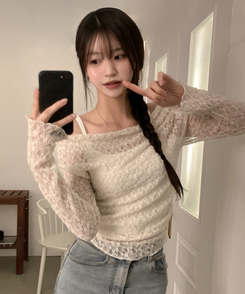 【SET】レースドレープシースルーオフショルトップス CREAM