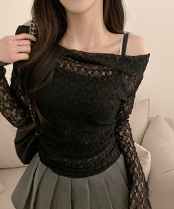 【SET】レースドレープシースルーオフショルトップス BLACK