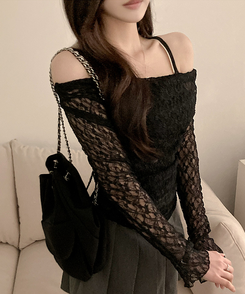【SET】レースドレープシースルーオフショルトップス BLACK
