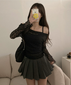 【SET】レースドレープシースルーオフショルトップス BLACK