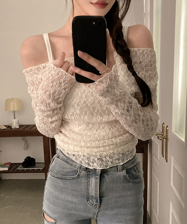 【SET】レースドレープシースルーオフショルトップス CREAM