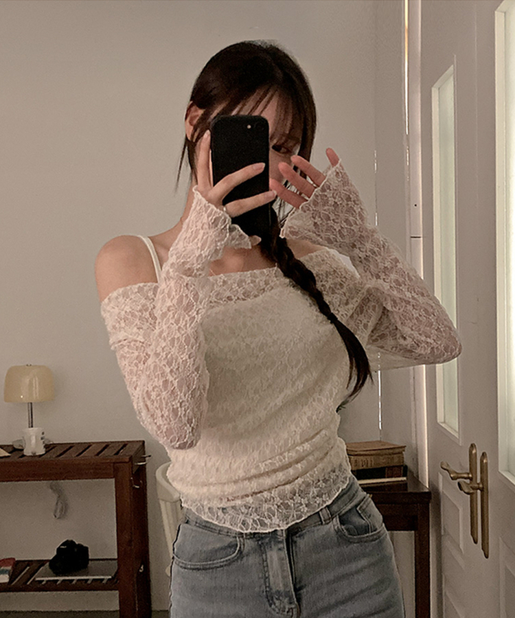 【SET】レースドレープシースルーオフショルトップス CREAM