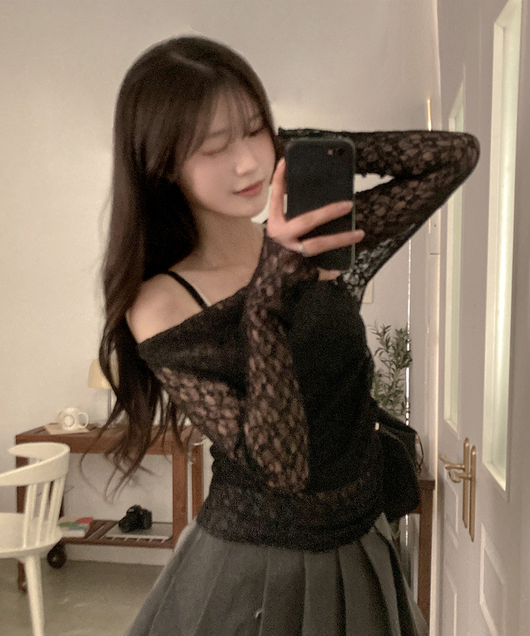 【SET】レースドレープシースルーオフショルトップス BLACK