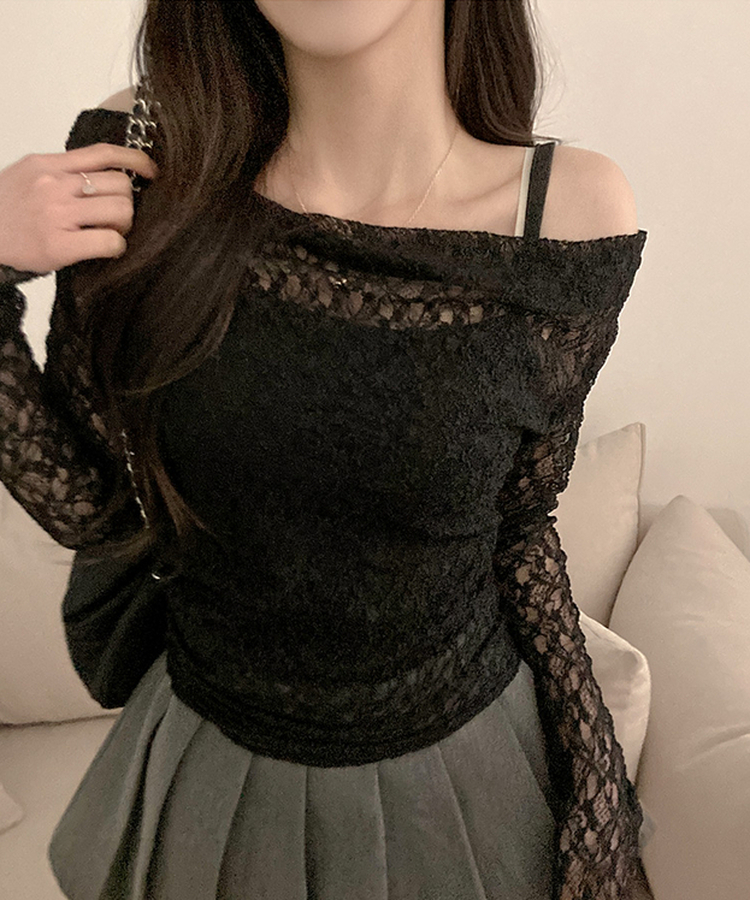 【SET】レースドレープシースルーオフショルトップス BLACK