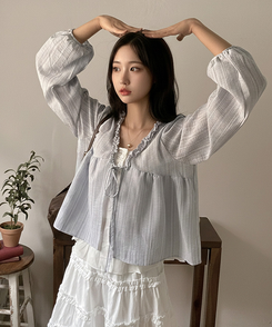 호시 스트라이프 프릴 리본 레이어드 블라우스 세트 소라