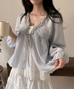 호시 스트라이프 프릴 리본 레이어드 블라우스 세트 소라