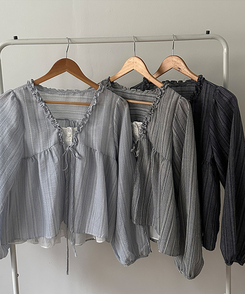 호시 스트라이프 프릴 리본 레이어드 블라우스 세트