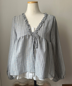 호시 스트라이프 프릴 리본 레이어드 블라우스 세트