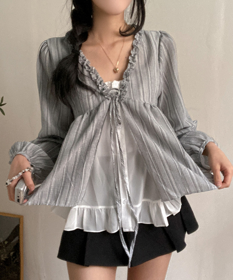 호시 스트라이프 프릴 리본 레이어드 블라우스 세트 차콜