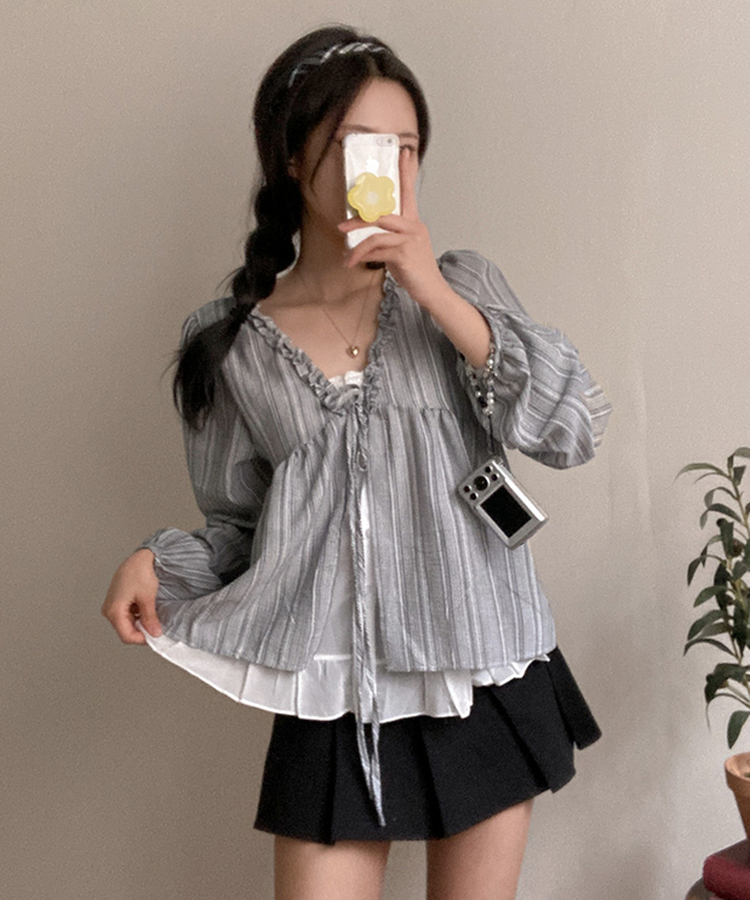 호시 스트라이프 프릴 리본 레이어드 블라우스 세트 차콜