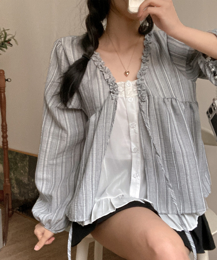 호시 스트라이프 프릴 리본 레이어드 블라우스 세트 차콜