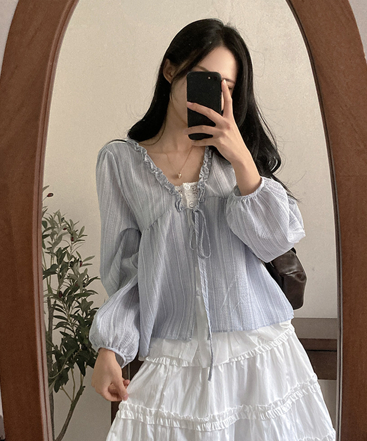 호시 스트라이프 프릴 리본 레이어드 블라우스 세트 소라