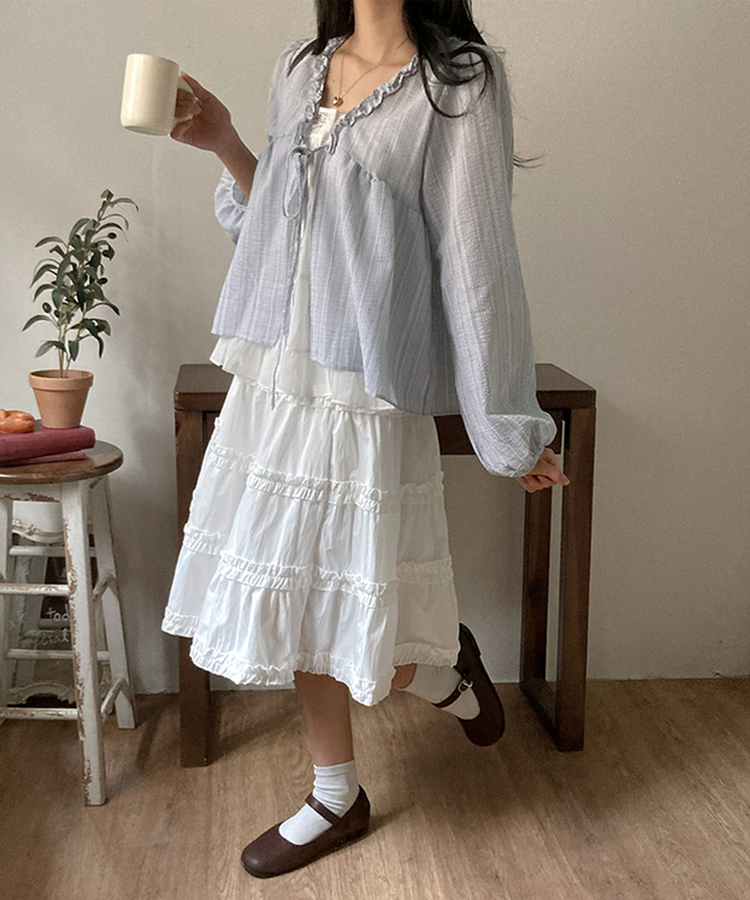 호시 스트라이프 프릴 리본 레이어드 블라우스 세트 소라