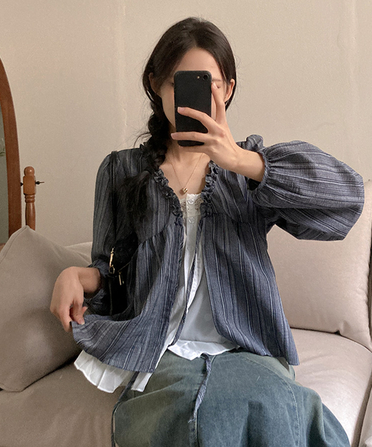 호시 스트라이프 프릴 리본 레이어드 블라우스 세트 네이비