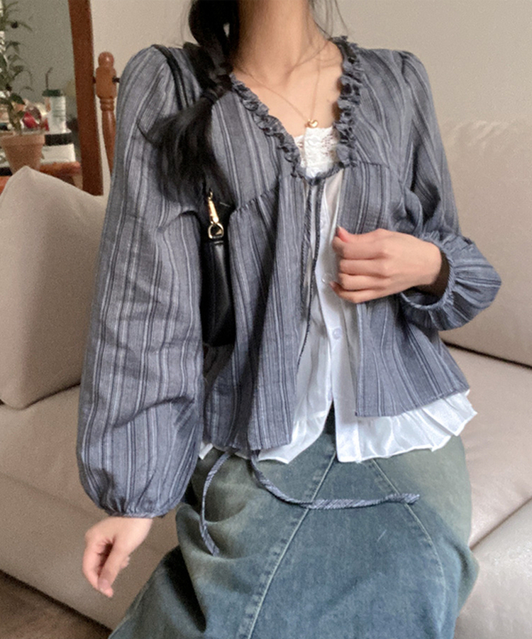 호시 스트라이프 프릴 리본 레이어드 블라우스 세트 네이비