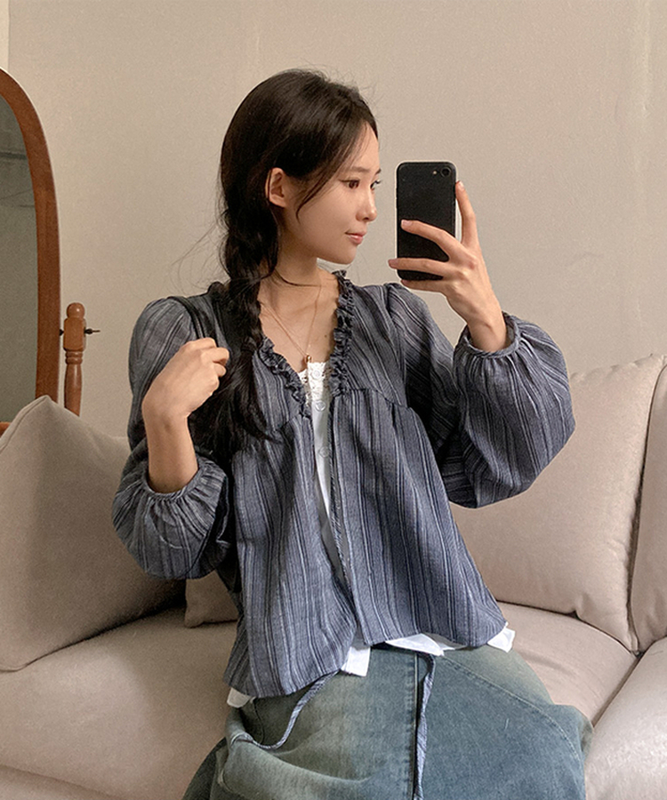 호시 스트라이프 프릴 리본 레이어드 블라우스 세트 네이비