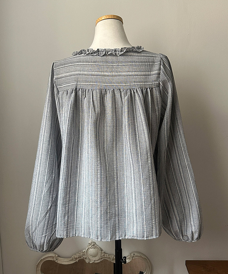 호시 스트라이프 프릴 리본 레이어드 블라우스 세트