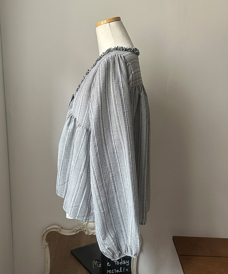 호시 스트라이프 프릴 리본 레이어드 블라우스 세트