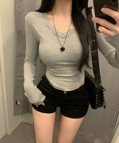 レースVネックリブ長袖Tシャツ GREY