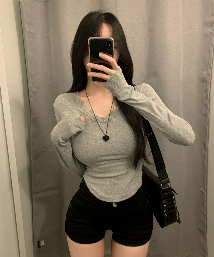レースVネックリブ長袖Tシャツ GREY